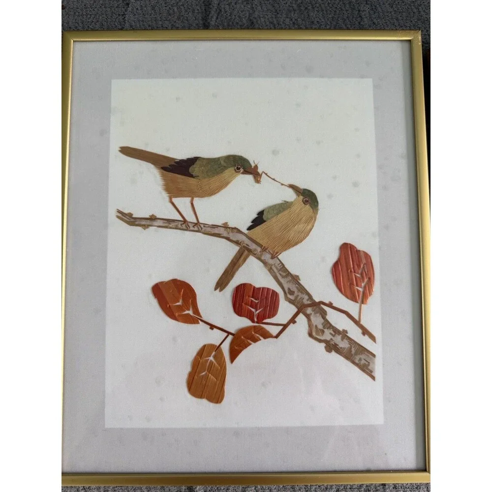 Vintage Asian Framed Artwork Birds Made From Bamboo Straw - Set Of 3